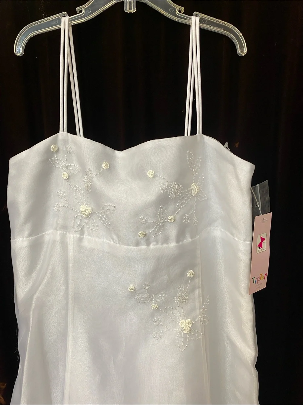 White Girls' Formal Spaghetti-Strap Dress with Subtle Embroidery